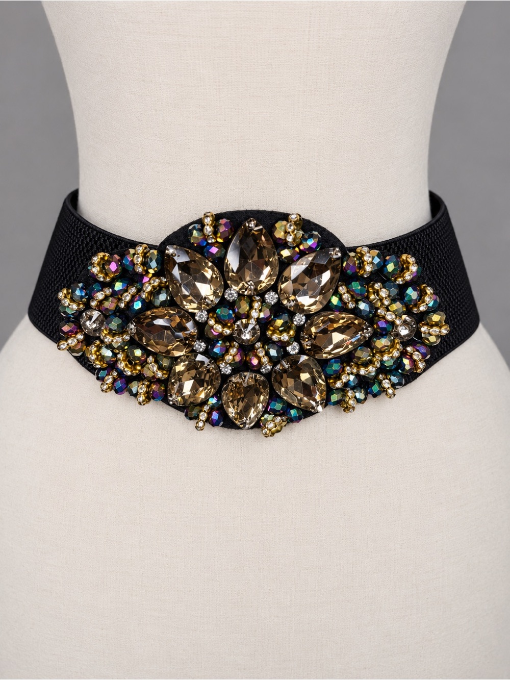 Black Stretch Belt Jeweled Rhinestone Crystal Statement Waist Belt Gold